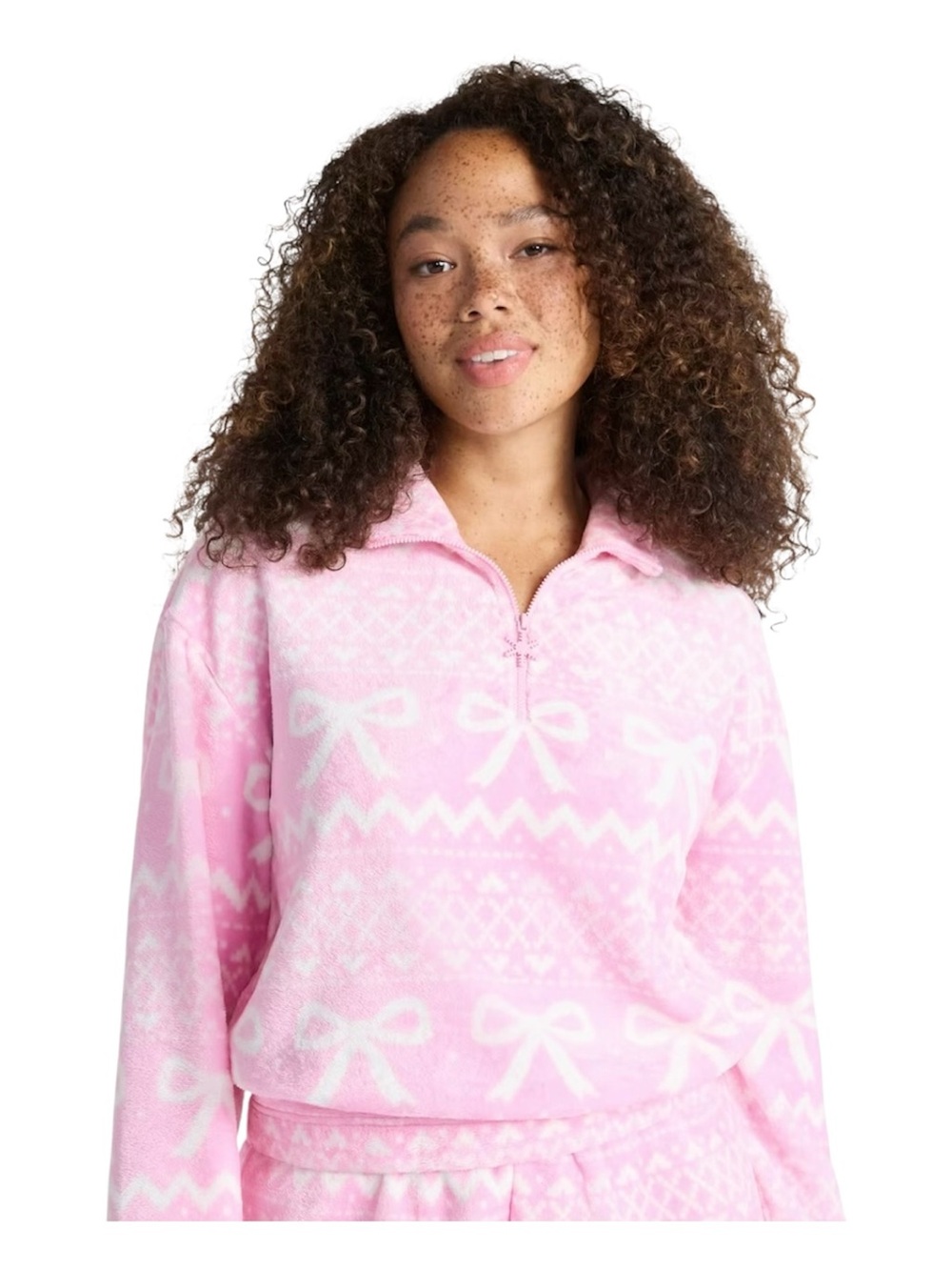No Boundaries Pink Plush Bow Quarter Zip Top M